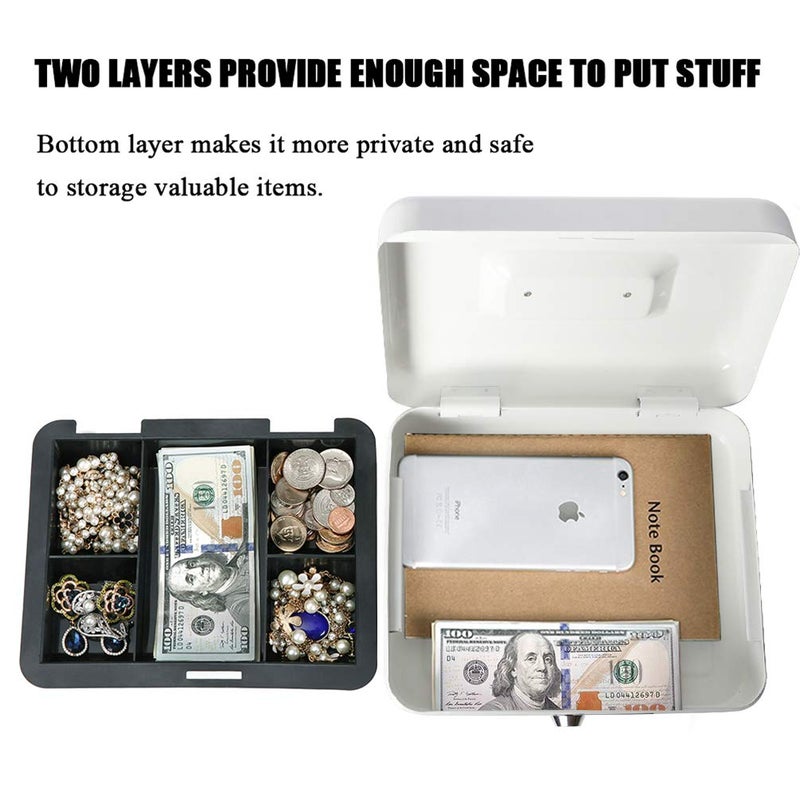 Jssmst Locking Large Metal Cash Box with Money Tray, Lock Box, White - Image 2